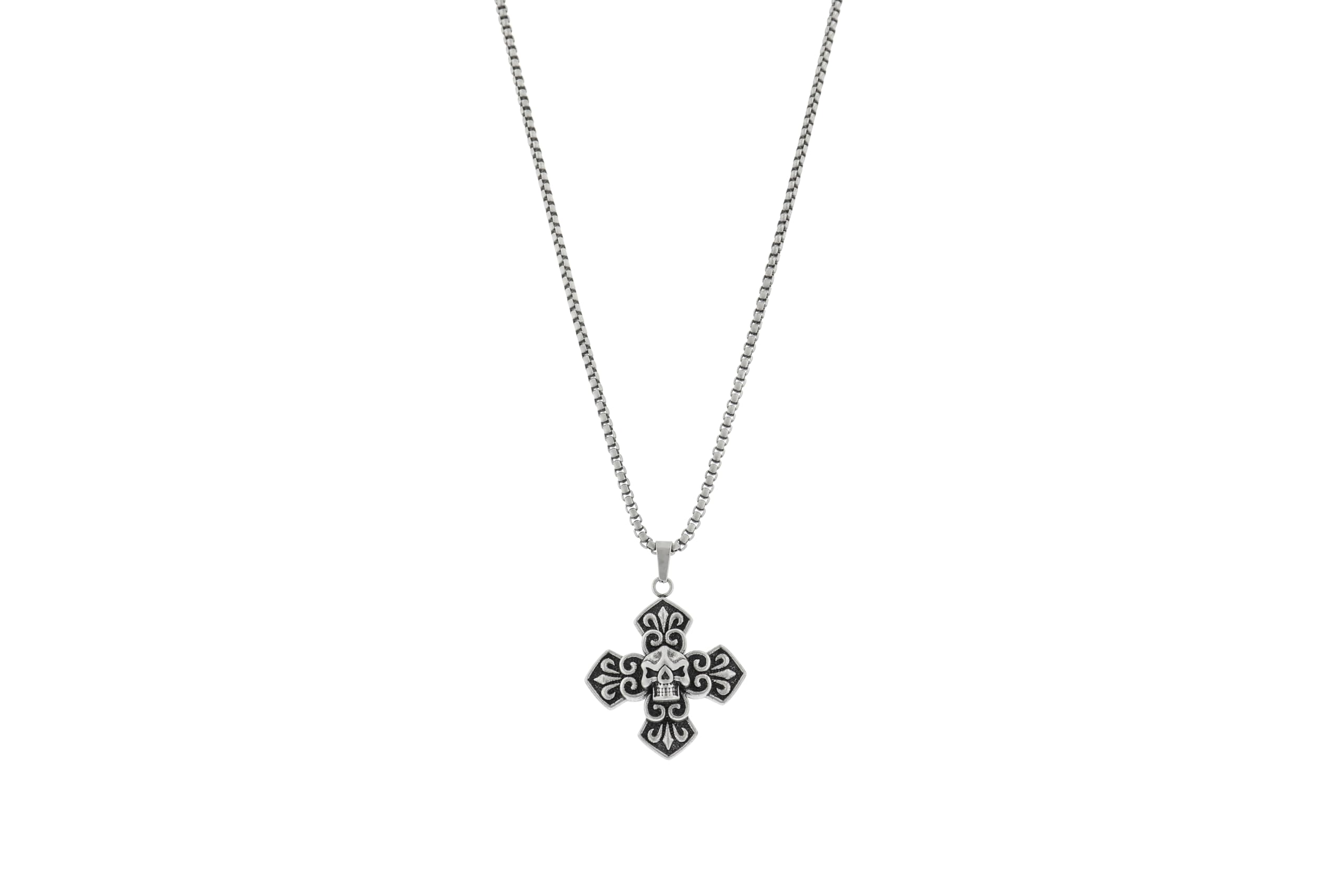 ED HARDY Men's Antique Silver Tone Metal 26 Inches Skull Etched Cross Pendant Necklace Trending Accessories for Men's St