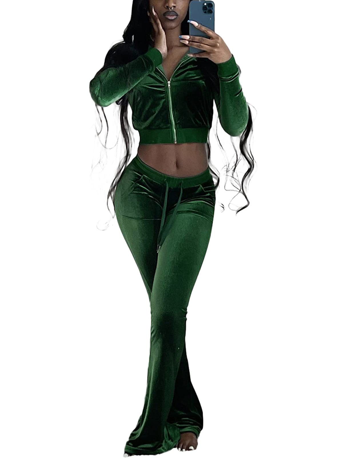 QFMQKPI 2 Piece Women's Crop Top Zip Jacket and Flare Pants Set Velour Tracksuit Trendy Outfit for Fall Winter