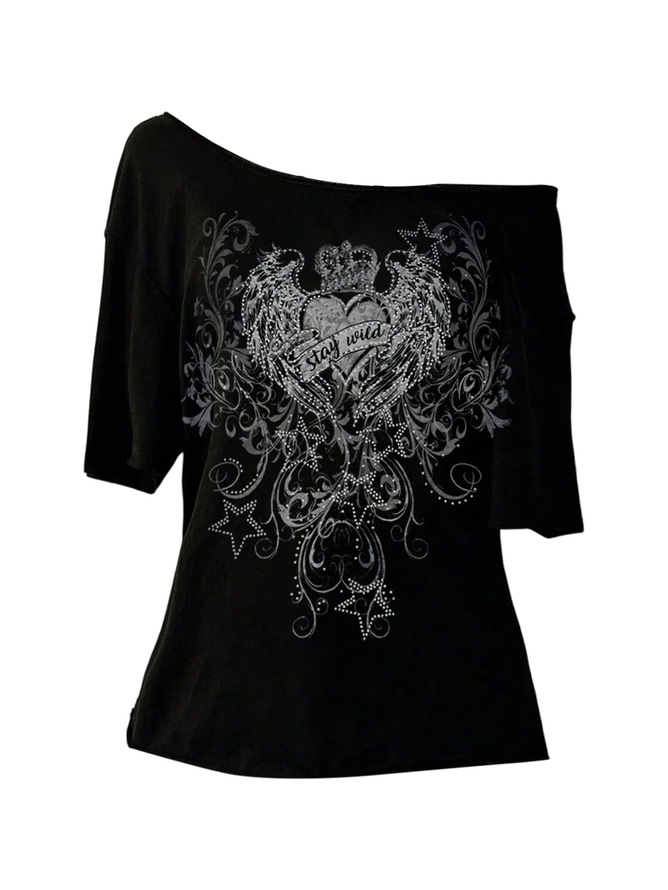 RoseSeek Women's Graphic Tees Asymmetrical Slim Fit Y2K T Shirts Short Sleeve Gothic Style